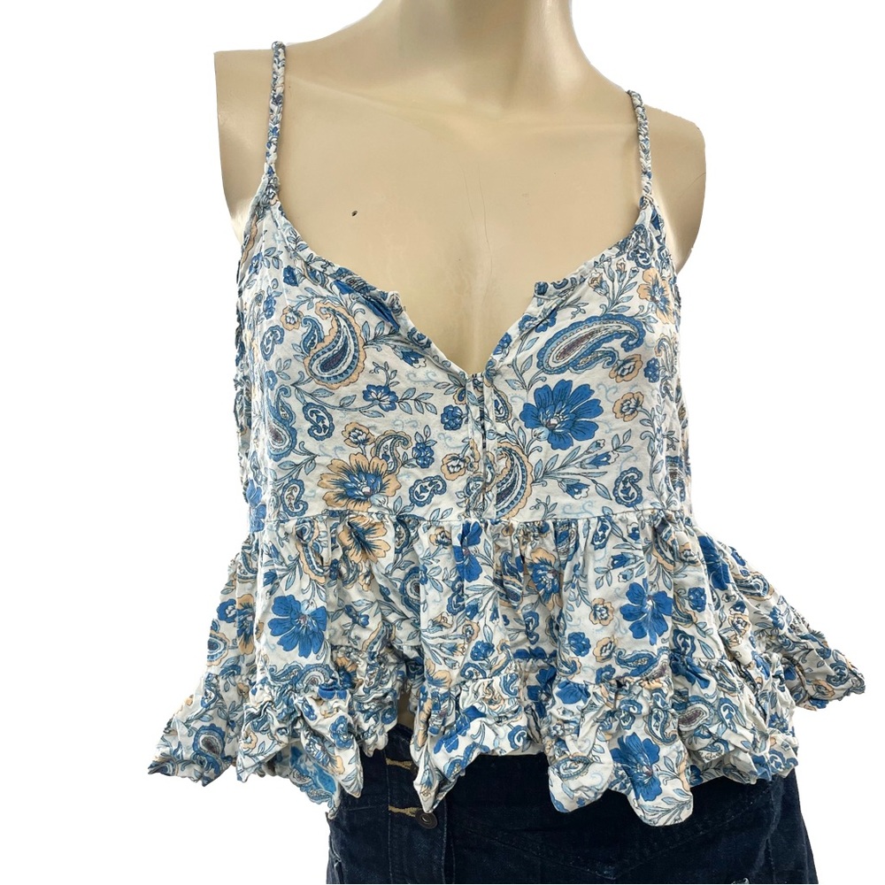 Patrons of Peace- Blue & Cream Paisley Braid Strap Crop Camisole- M